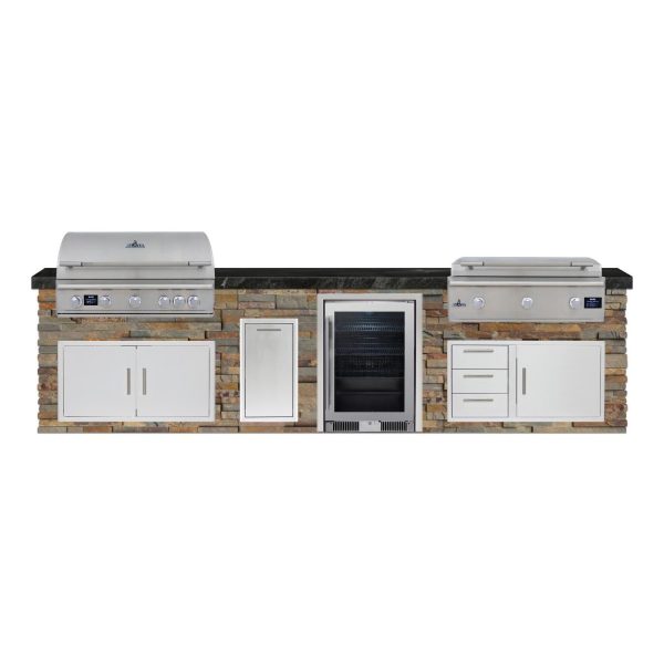BBQGuys Signature 12 Ft Outdoor Kitchen Island w/ 40 Inch Propane Blaze LTE PRO Grill & Griddle, Beverage Center & Narrow Trash Bin | Gold Rush w/ Black Granite