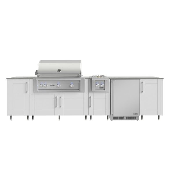 WeatherStrong Nassau 10 1/2 Ft Outdoor Kitchen Island w/ Lynx Propane Grill, Side Burner & Refrigerator in Shell White/Glacier Frost