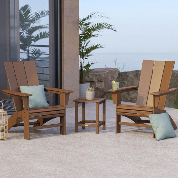 Modern Adirondack 3 Pc Recycled Plastic Seating Set w/ Curveback Chairs & Long Island End Table in Teak by POLYWOOD