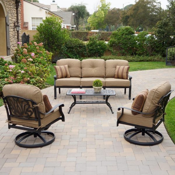 Elisabeth 4 Pc Cast Aluminum Seating Set w/ 46 X 31 Inch Series 80 Table & Swivel Rockers & Throw Pillows in Antique Bronze/Sesame by Darlee