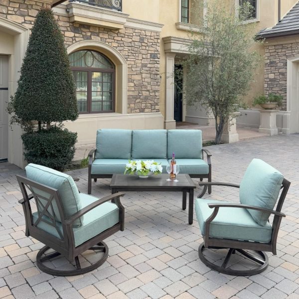 Atlantis 4 Pc Aluminum Seating Set w/ Sofa & 2 Swivel Rocker Club Chairs in Walnut/Spa by Darlee
