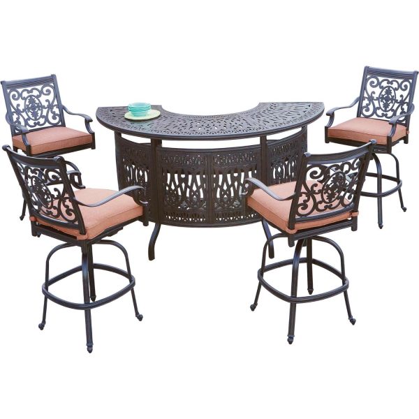 St. Cruz 5 Pc Cast Aluminum Bar Set w/ 75 X 39 Inch Elisabeth Party Bar in Antique Bronze/Sesame by Darlee