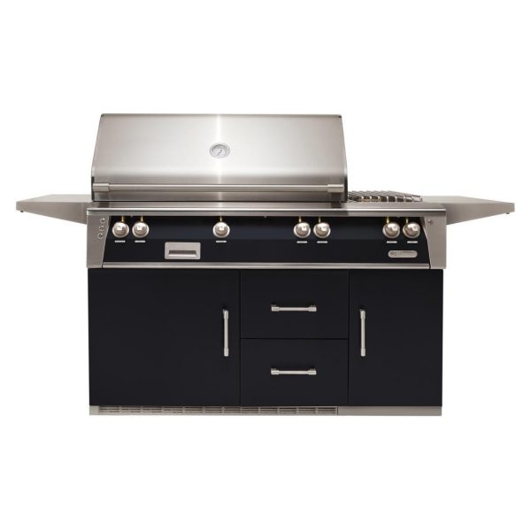 Alfresco ALXE 56-Inch Freestanding Natural Gas Deluxe Grill On Refrigerated Cart With Sear Zone, Rotisserie, And Side Burner in Jet Black Gloss - ALXE-56SZR-NG-S9005