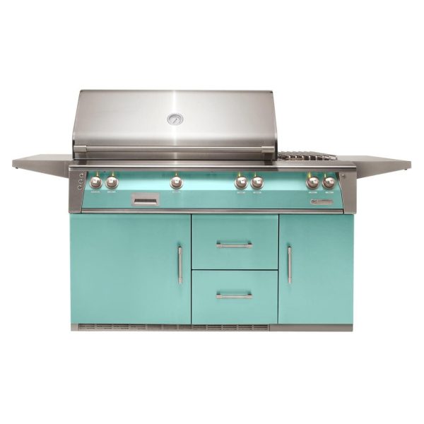 Alfresco ALXE 56-Inch Freestanding Propane Deluxe Grill On Refrigerated Cart With Rotisserie And Side Burner in Light Green - ALXE-56R-LP-S6027
