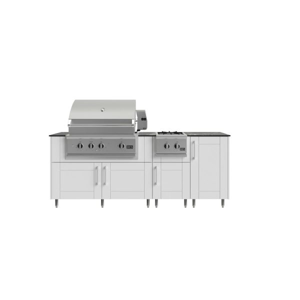 WeatherStrong Abaco 7 Ft Outdoor Kitchen Island w/ DCS Natural Gas Grill & Side Burner in Shell White/Midnight Ice
