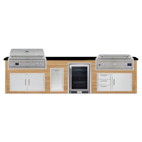 BBQGuys Signature 12 Ft Outdoor Kitchen Island w/ 40 Inch Natural Gas Blaze LTE PRO Grill & Griddle, Beverage Center & Narrow Trash Bin | Sun Bleached Oak w/ Titanium Granite