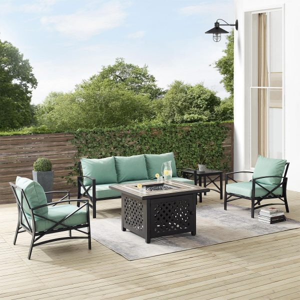 Windswept 5 Pc Steel Sofa Seating Set w/ Decorative Fire Pit Table in Oil Rubbed Bronze/Mist by Ultimate Patio