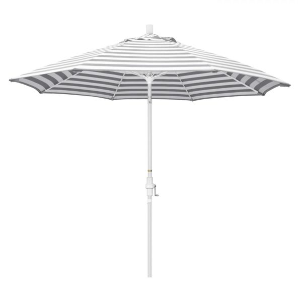 California Umbrella Sun Master Series 9 Ft Octagonal Aluminum Collar Tilt Patio Umbrella W/ Crank Lift & Fiberglass Ribs - Matted White Frame / Olefin Gray White Cabana Stripe Canopy