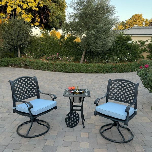 Nassau 3 Pc Cast Aluminum Conversation Set w/ Rocker and Ice Bucket in Antique Bronze w/ Blue Cushions By Darlee