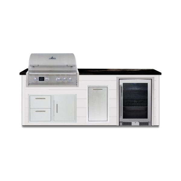 BBQGuys Signature 8 Ft Outdoor Kitchen Island w/ 32 Inch Natural Gas Blaze LTE PRO Grill, Beverage Center & Narrow Trash Bin | Crystal White w/ Titanium Granite