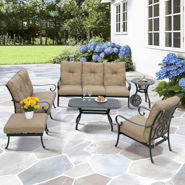 Santa Anita 6 Pc Cast Aluminum Seating Set w/ Series 60 Tables & Ice Bucket Insert in Antique Bronze/Linen Sesame by Darlee