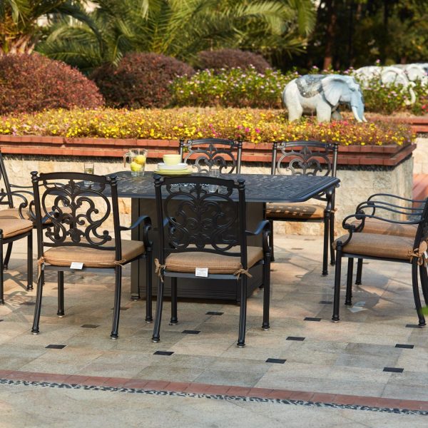 Santa Barbara 9 Pc Cast Aluminum Fire Pit Dining Set w/ 64 Inch Square Signature Table in Antique Bronze/Sesame by Darlee