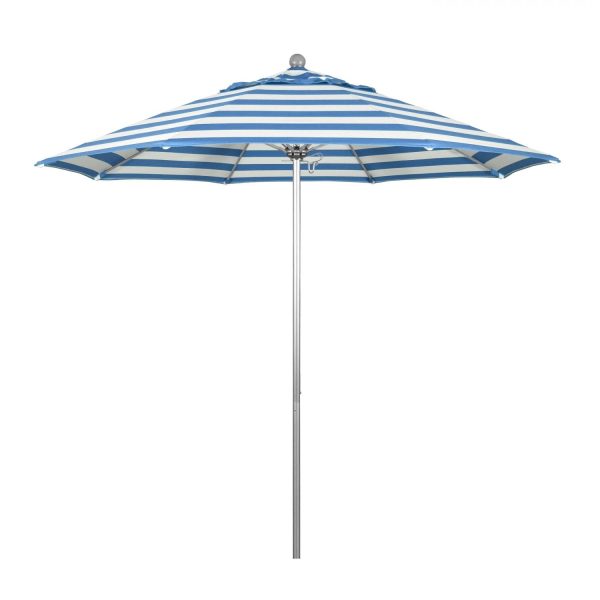 California Umbrella Venture Series 9 Ft Octagonal Aluminum Patio Umbrella W/ Push Lift & Fiberglass Ribs - Silver Anodized Frame / Sunbrella Cabana Regatta Canopy
