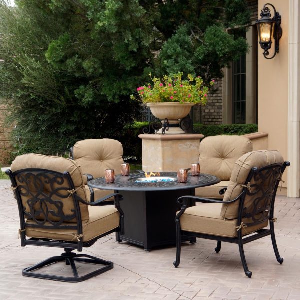 Santa Monica 5 Pc Cast Aluminum Fire Pit Seating Set w/ 52 Inch Signature Table & 2 Swivel Rockers in Antique Bronze/Sesame by Darlee