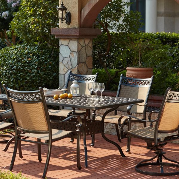 Mountain View 7 Pc Cast Aluminum Dining Set w/ 72 X 42 Inch Series 30 Table & 2 Swivel Rockers in Antique Bronze/Irish Mix by Darlee