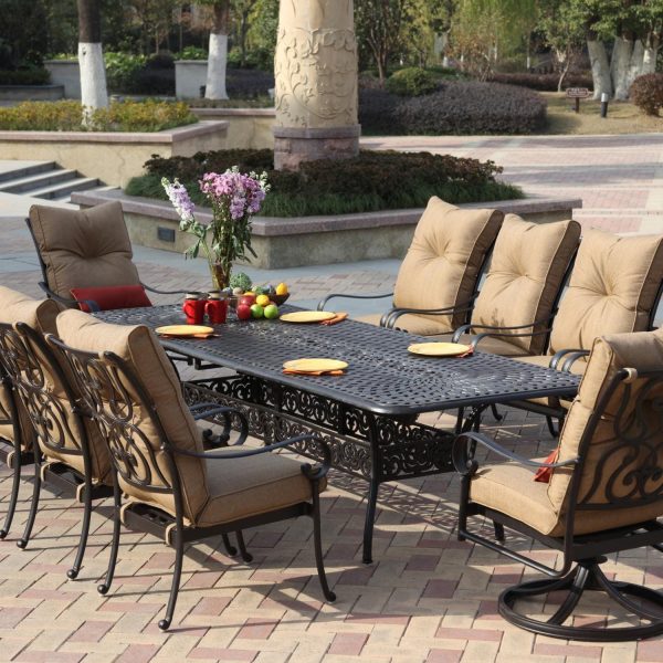 Santa Anita 11 Pc Cast Aluminum Dining Set w/ 92 X 42 Inch Series 60 Extension Table & 2 Swivel Rockers in Antique Bronze/Linen Sesame by Darlee