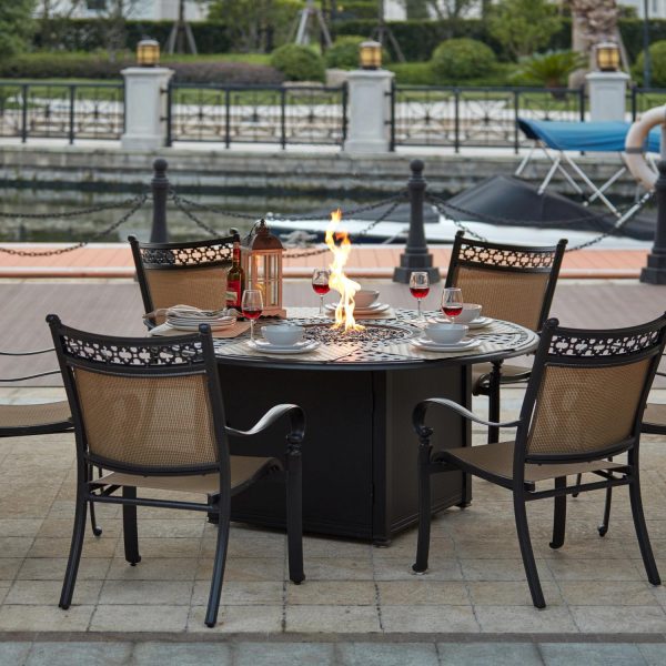 Mountain View 7 Pc Cast Aluminum Fire Pit Dining Set w/ 60 Inch Round Signature Table in Antique Bronze/Irish Mix by Darlee