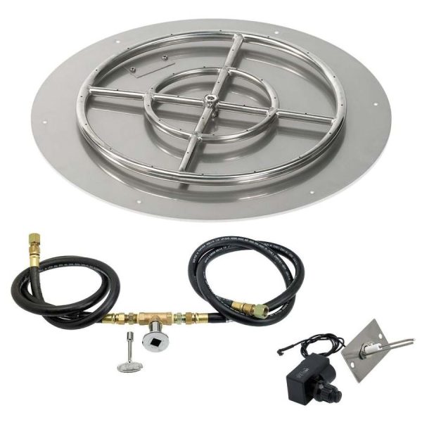 BBQGuys Signature 24 Inch Stainless Steel Round Flat Fire Pit Pan W/Spark Ignition Kit - 18 Inch Ring - Natural Gas