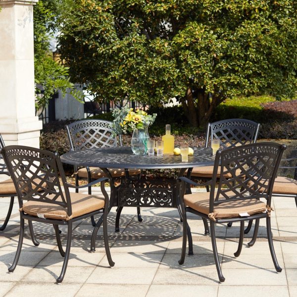 Sedona 7 Pc Cast Aluminum Dining Set w/ 59 Inch Round Series 60 Table in Antique Bronze/Sesame by Darlee
