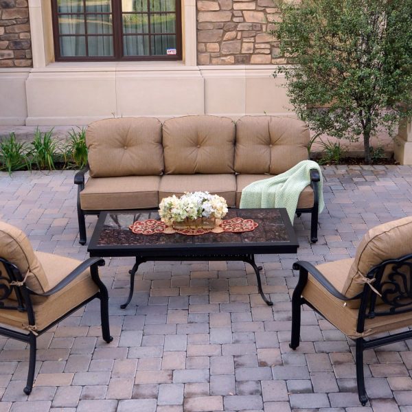 Elisabeth 4 Pc Cast Aluminum Seating Set w/ 52 X 28 Inch Table in Antique Bronze/Sesame by Darlee
