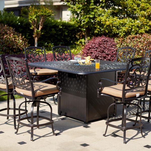 Santa Barbara 9 Pc Cast Aluminum Counter Height Fire Pit Dining Set w/ 64 Inch Square Signature Table in Antique Bronze/Sesame by Darlee