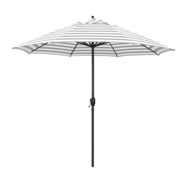 California Umbrella Casa Series 9 Ft Octagonal Aluminum Auto Tilt Patio Umbrella W/ Crank Lift - Bronze Frame / Olefin Gray White Cabana Stripe Canopy