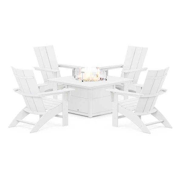 Modern Adirondack 5 Pc Recycled Plastic Fire Pit Seating Set w/ Curveback Chairs in White by POLYWOOD