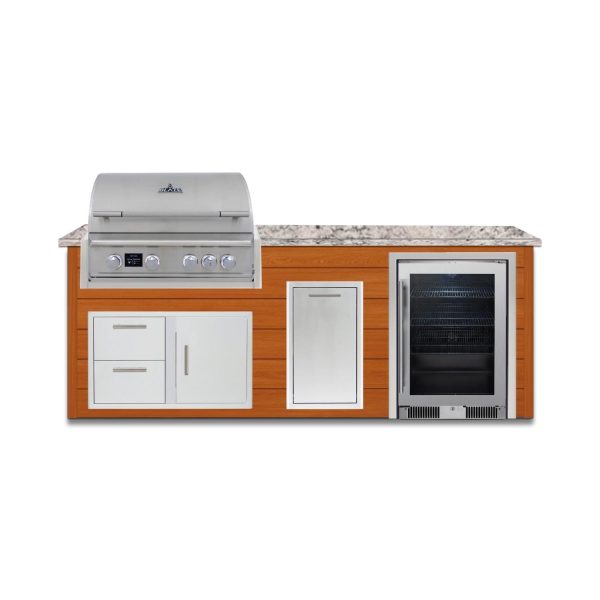 BBQGuys Signature 8 Ft Outdoor Kitchen Island w/ 32 Inch Propane Blaze LTE PRO Grill, Beverage Center & Narrow Trash Bin | Chai Cedar w/ White Granite