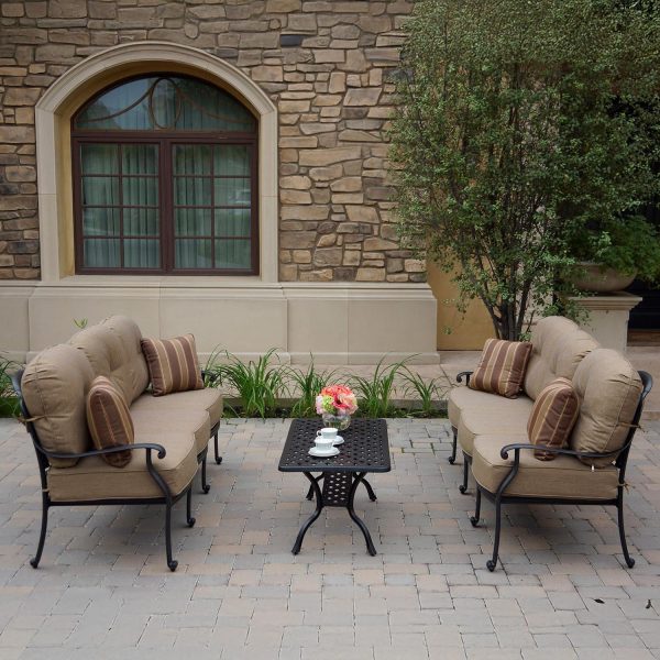 Elisabeth 3 Pc Cast Aluminum Seating Set w/ 42 X 21 Inch Table & Throw Pillows in Antique Bronze/Sesame by Darlee