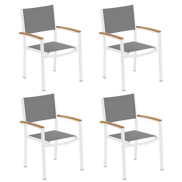 Travira 4 Pc Composite Sling & Aluminum Dining Chair W/ Natural Tekwood Arm Caps in Chalk/Titanium By Oxford Garden