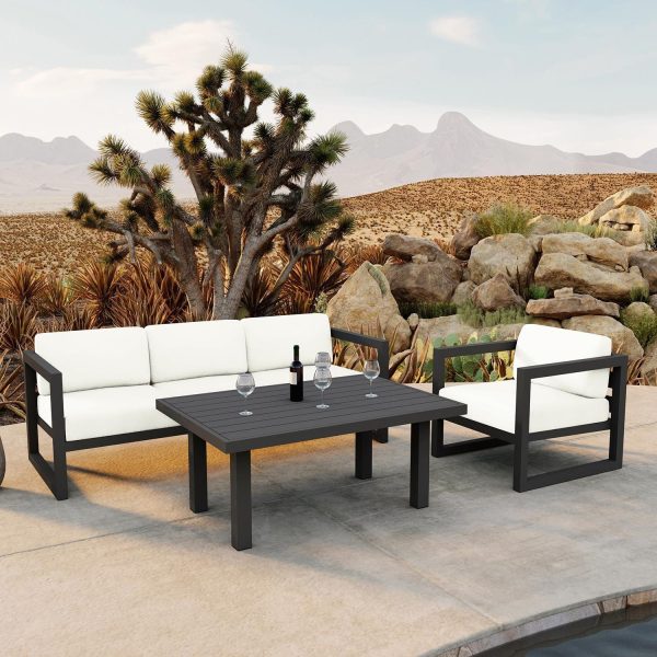 Misty Cove 3 Pc Aluminum Seating Set w/ Sofa & Classic Chat Table in Slate/Canvas Natural by Lakeview Outdoor Designs