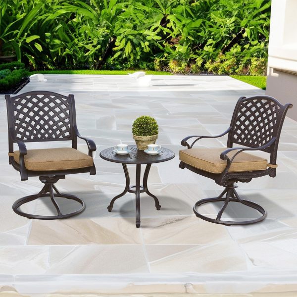 Nassau 3 Pc Cast Aluminum Bistro Set w/ 24 Inch Table & Swivel Rockers in Antique Bronze/Sesame by Darlee