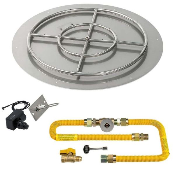 BBQGuys Signature 30 Inch Stainless Steel Round Flat Fire Pit Pan W/Spark Ignition Kit - 18 Inch Ring - Natural Gas