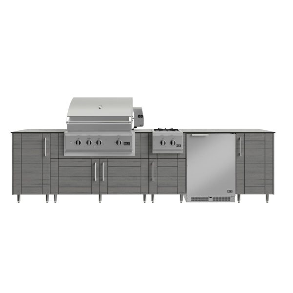 WeatherStrong Nassau 10 1/2 Ft Outdoor Kitchen Island w/ DCS Propane Grill, Side Burner & Refrigerator in Dark Ash/Glacier Frost