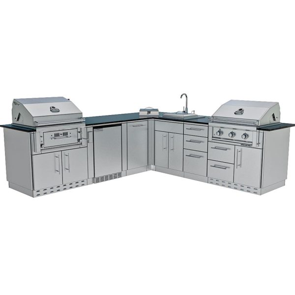 Sunstone Grills Texas Tango 19 Ft Outdoor Kitchen Island w/ Natural Gas Grill & Side Burner, Sink, Refrigerator, Trash Bin, Door & Drawer