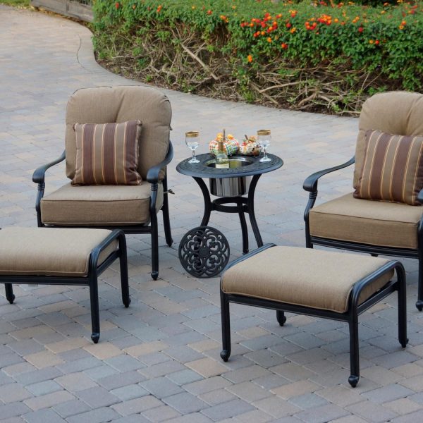 Santa Monica 5 Pc Cast Aluminum Seating Set w/ 24 Inch Series 60 Ice Bucket End Table & Throw Pillows in Antique Bronze/Sesame by Darlee