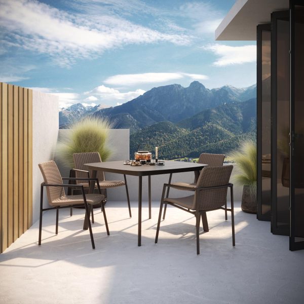 Orso 5 Pc Wicker & Aluminum Arm Chair Dining Set in Carbon/Sand By Oxford Garden