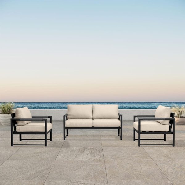 Avenue Bay 3 Pc Aluminum Seating Set in Black/Canvas Flax by Lakeview Outdoor Designs