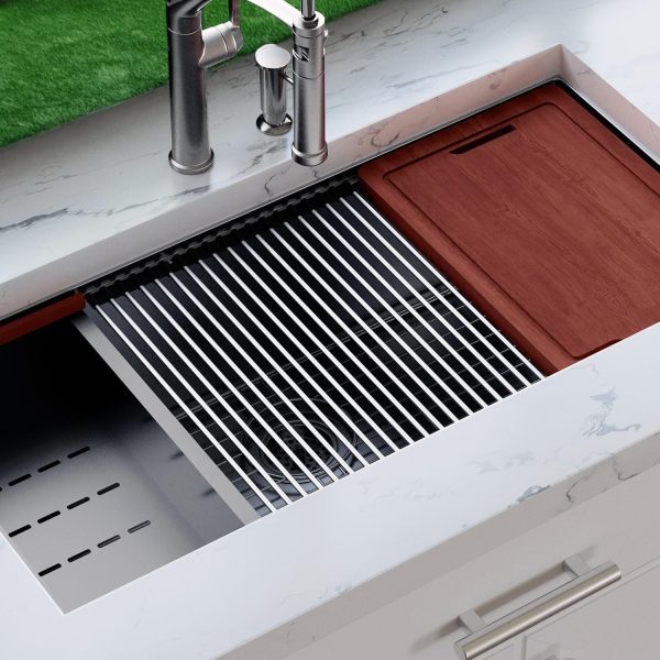 BBQGuys Signature Undermount Stainless Steel Single Bowl 36-Inch Workstation Sink W/Grids, Strainers, and 3 Accessories