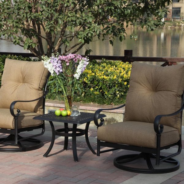 Santa Anita 3 Pc Cast Aluminum Seating Set w/ 24 Inch Square Series 88 Table & Swivel Rocker in Antique Bronze/Linen Sesame by Darlee