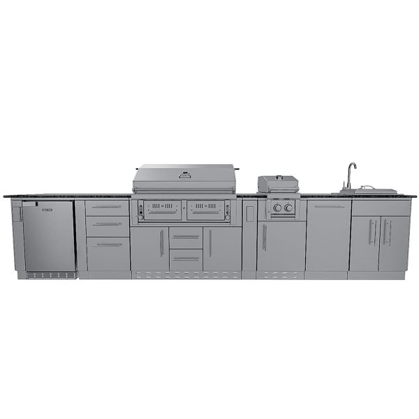 Sunstone Grills Dallas 14 Ft Outdoor Kitchen Island w/ Propane Grill & Side Burner, Sink, Refrigerator, Trash Bin, Door & Drawer