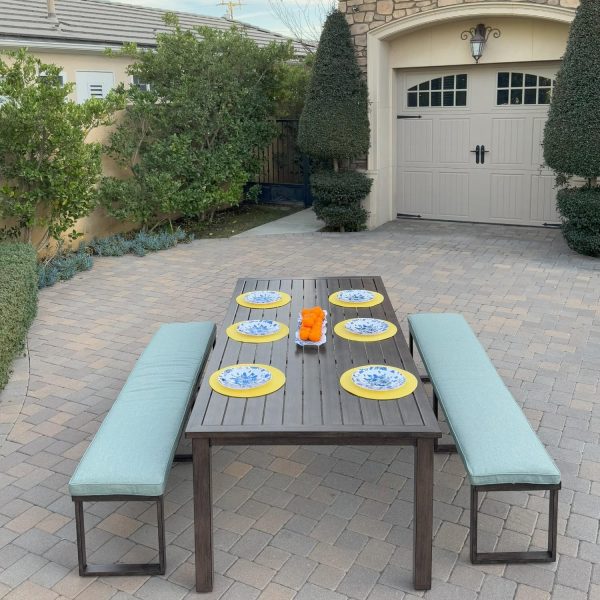 Atlantis 3 Pc Aluminum Dining Set w/ 2 Three Person Benches in Walnut/Spa by Darlee
