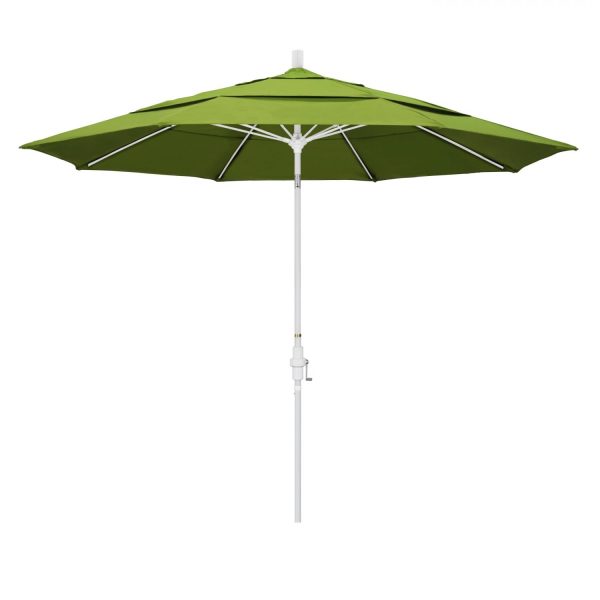 California Umbrella 11 Ft. Octagonal Aluminum Collar Tilt Patio Umbrella W/ Crank Lift & Fiberglass Ribs - Matted White Frame / Sunbrella Canvas Macaw Canopy