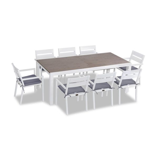Calm Bay 9 Pc Extendable Aluminum Dining Set in White/Barnwood/Canvas Charcoal by Lakeview Outdoor Designs