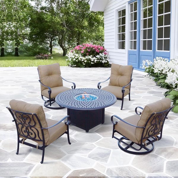 Santa Anita 5 Pc Cast Aluminum Seating Set w/ 52 Inch Signature Table in Antique Bronze/Linen Sesame by Darlee