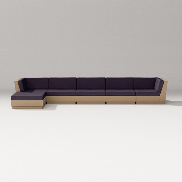 Elevate 6 Pc Recycled Plastic Chaise Sectional Seating Set in Vintage Sahara/Navy Linen By PW Designer Series