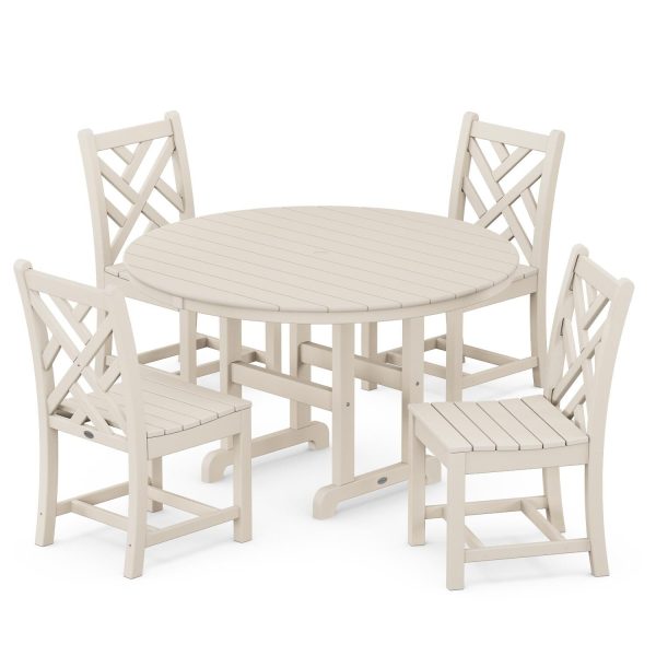 POLYWOOD Chippendale 5-Piece Round Side Chair Dining Set - Sand