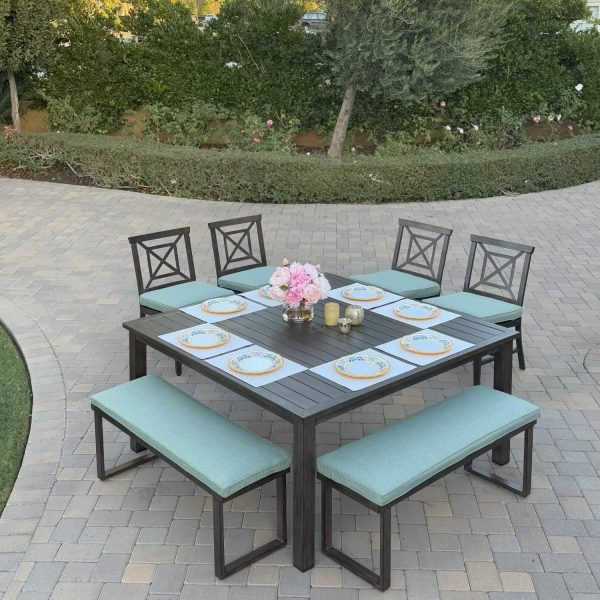 Atlantis 7 Pc Aluminum Dining Set w/ 4 Dining Side Chairs & 2 Two Person Benches in Walnut/Spa by Darlee