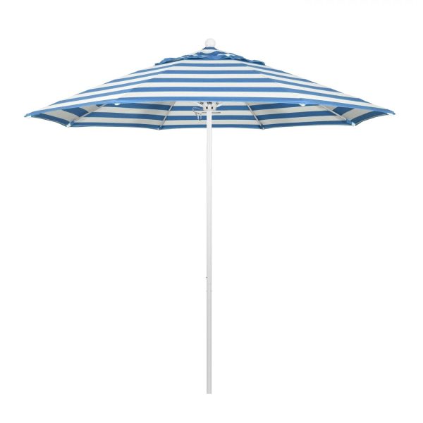 California Umbrella Venture Series 9 Ft Octagonal Aluminum Patio Umbrella W/ Push Lift & Fiberglass Ribs - Matted White Frame / Sunbrella Cabana Regatta Canopy