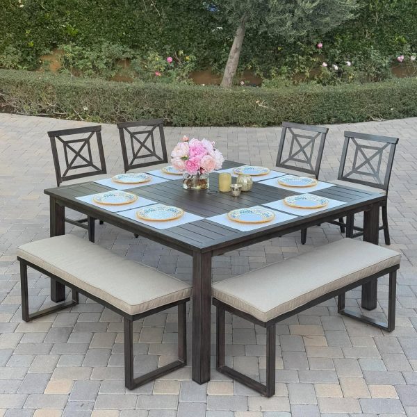 Atlantis 7 Pc Aluminum Dining Set w/ 4 Dining Side Chairs & 2 Two Person Benches in Walnut/Beige by Darlee